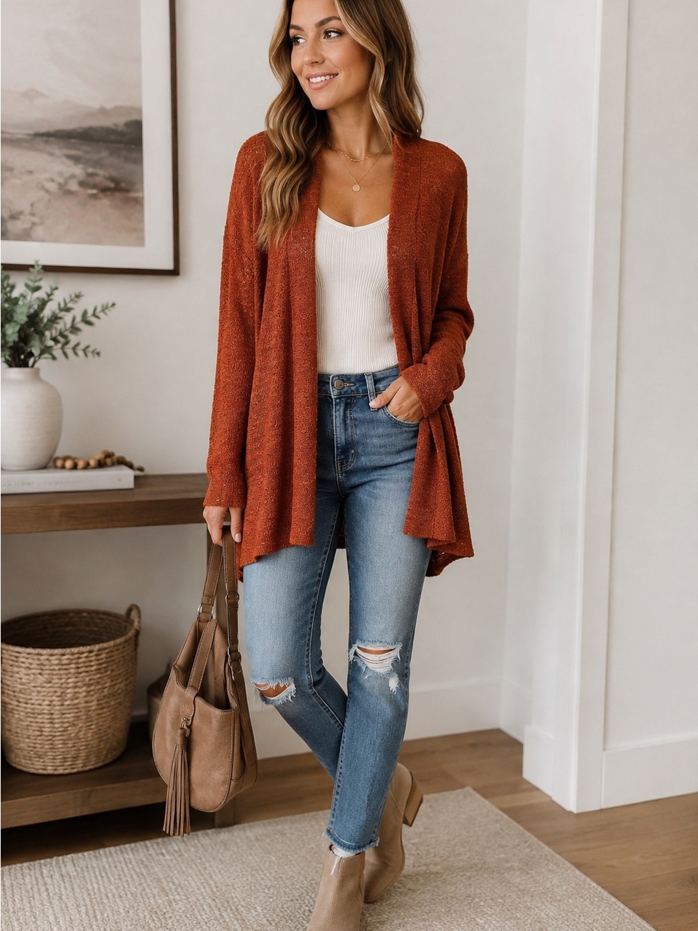 Mossimo Supply Co Rust Open Front Knit Cardigan Sweater M
